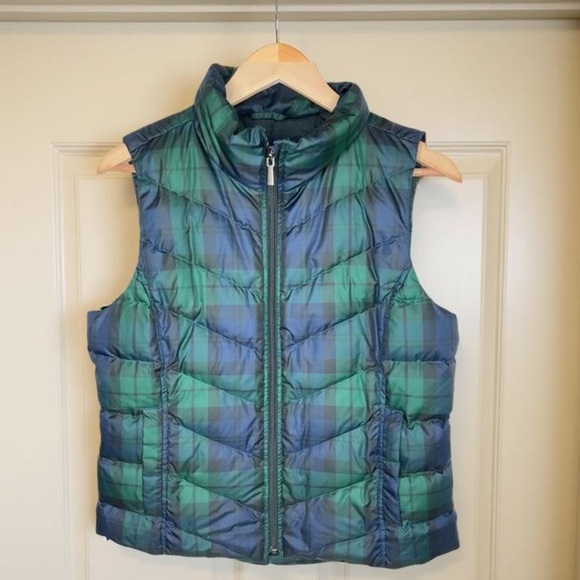 Lands End 600 fill Down Puff Vest XL full zip tartan 
plaid,green&blue prep EUC - Picture 1 of 4